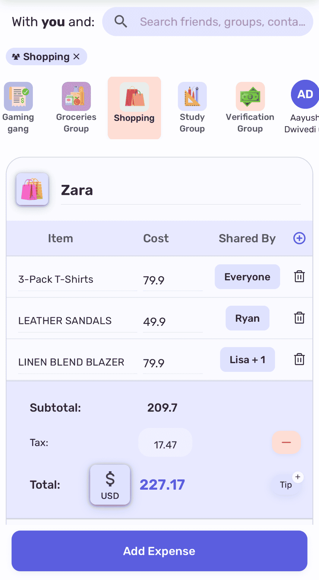 Splitly mobile app interface showing expense splitting
