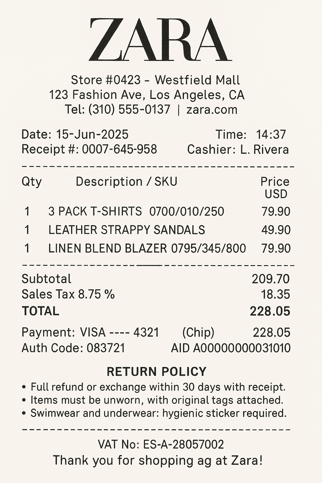Sample receipt showing itemized expenses